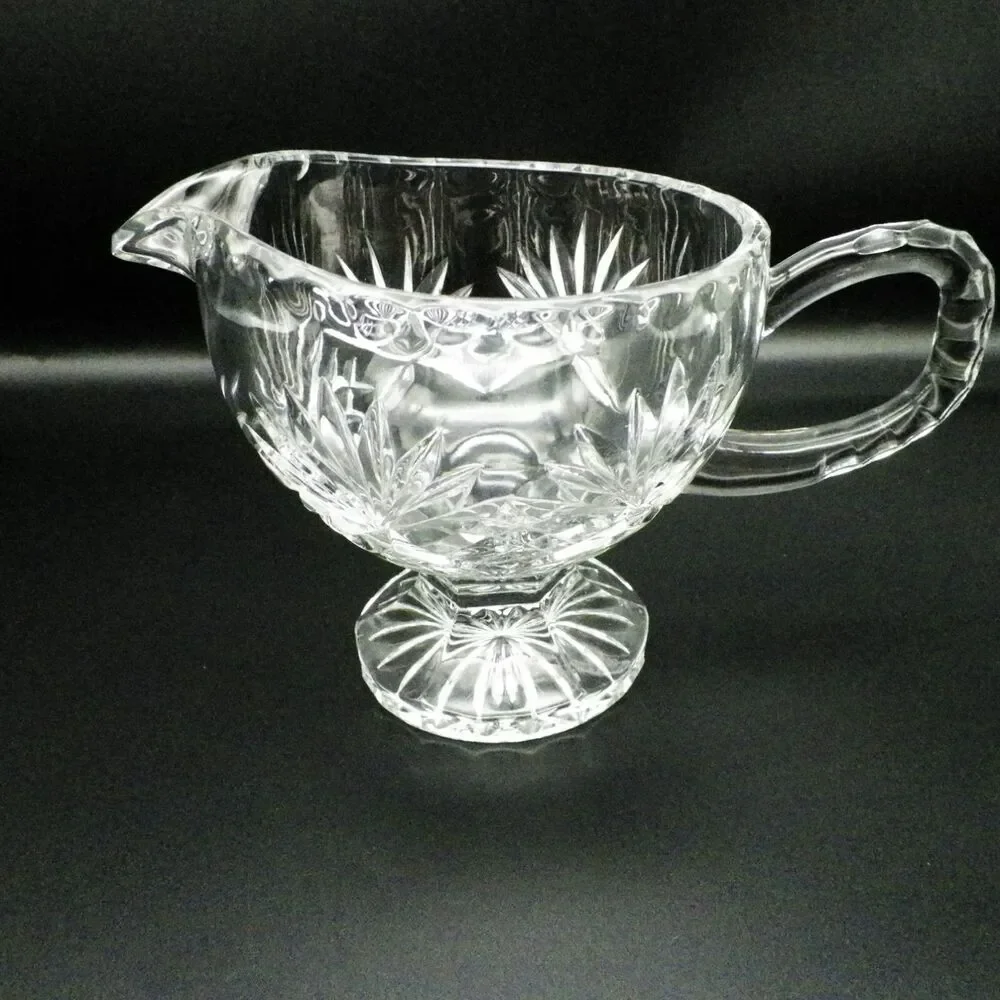 Footed Gravy Boat Crystal Fan and Criss-Cross Pattern Vintage Glassware